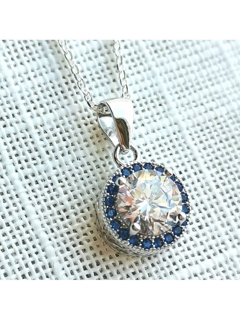 Sterling Silver CZ sapphire gemstone pendant necklace NEW